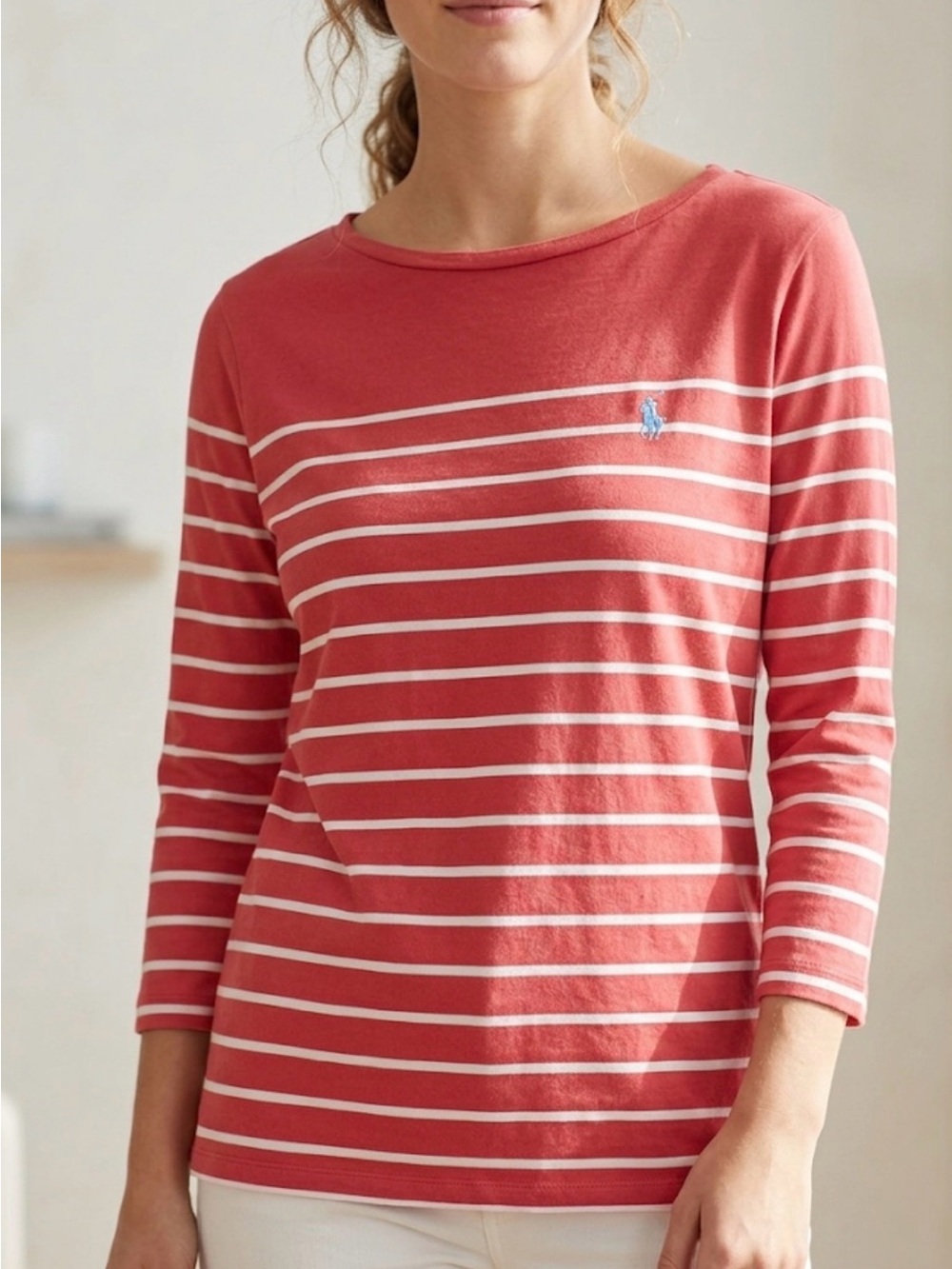 Polo by Ralph Lauren Coral and White Striped Long-Sleeve Top